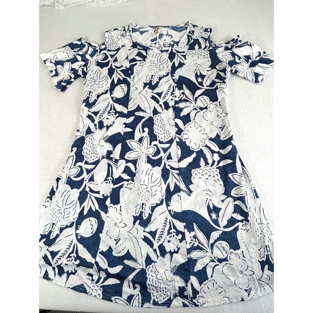 Shoreline T-Shirt Dress Women S Blue Floral Cold Shoulder Tropical Summer Boho